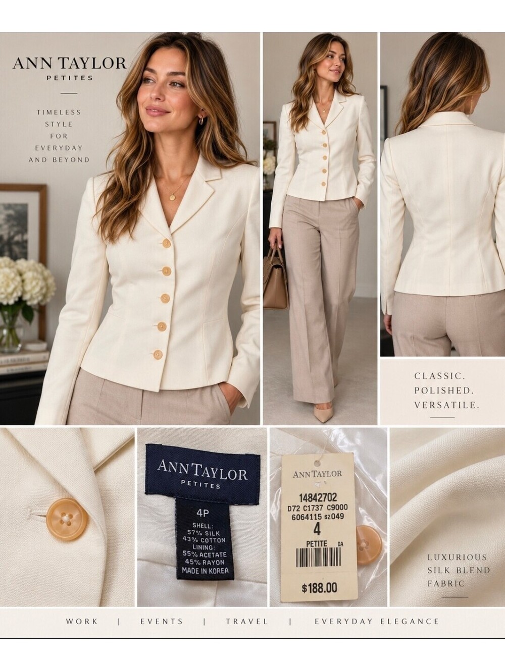 NWT Vintage Ann Taylor Petites Ivory Silk Blend Blazer Jacket 4P $188 MSRP